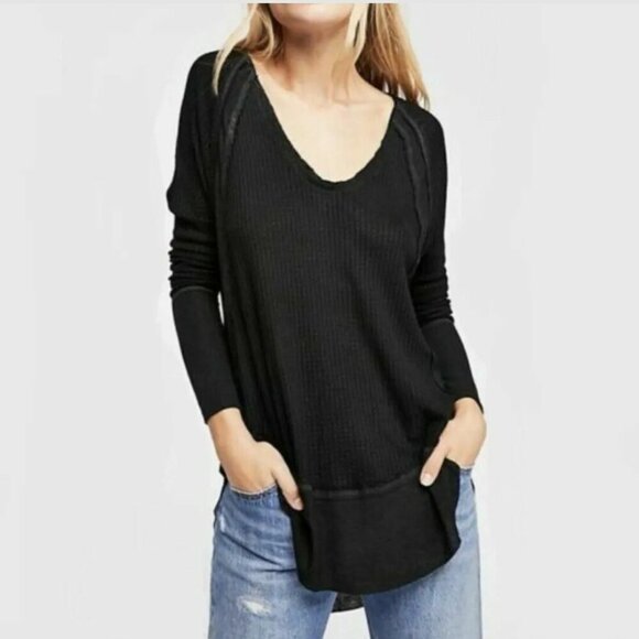 FREE PEOPLE We The Free Black Waffle Knit Oversized Boho Thermal Shirt Medium - Picture 1 of 7